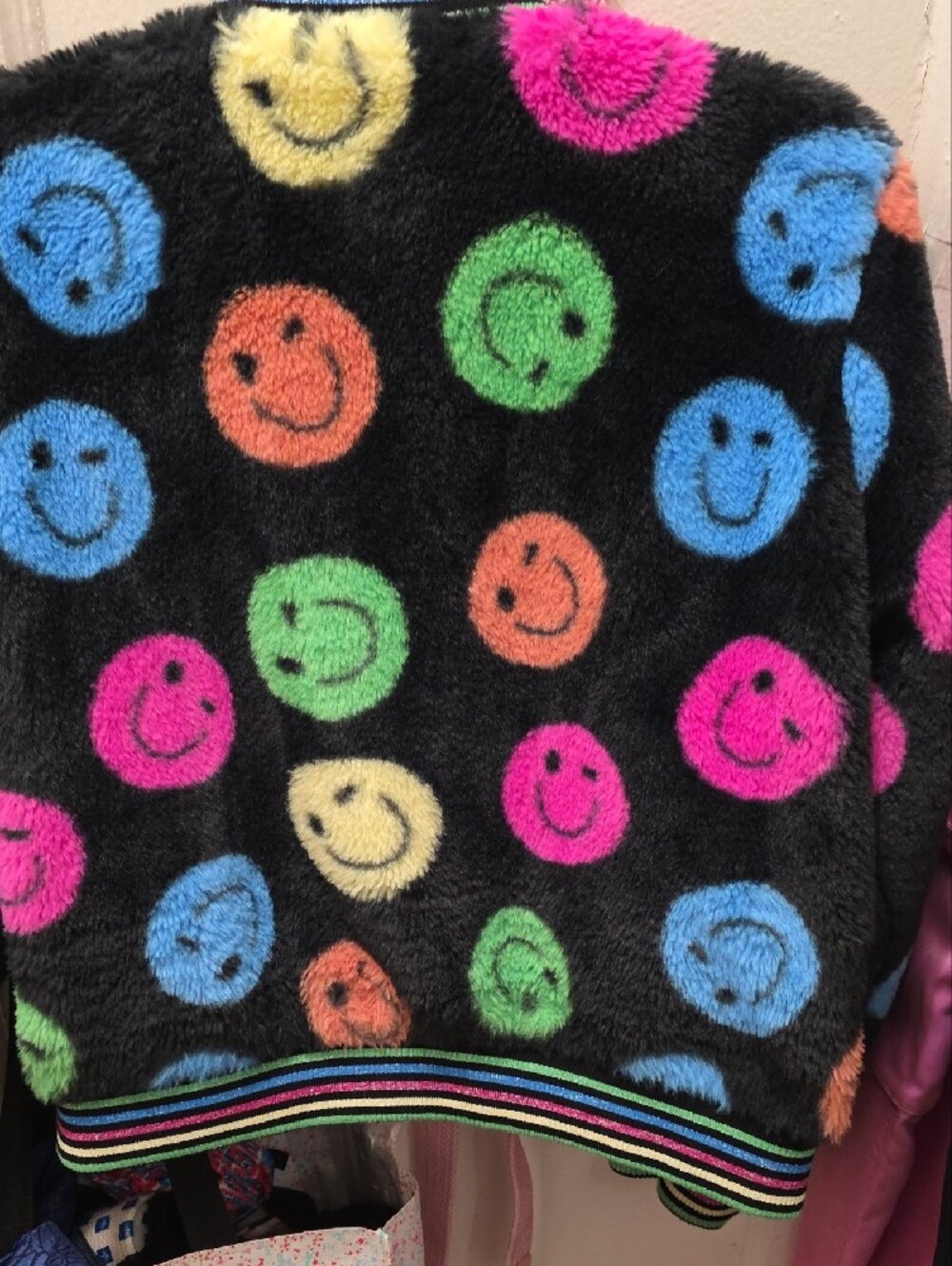 Fuzzy Black Bomber Jacket with Multicolor Smiley Faces - Picture 4 of 4